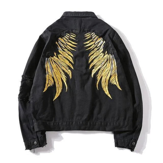 Hipster Männer Stickerei Denim Jacken Retro Streetwear Harajuku Ripped Slim fit Hip Hop
