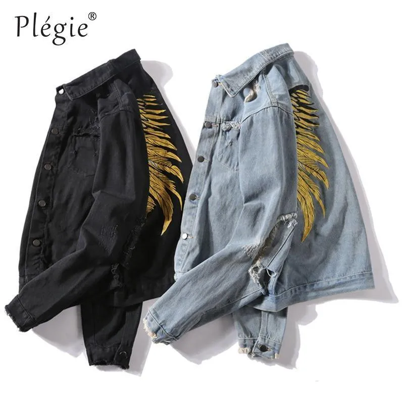 Hipster Männer Stickerei Denim Jacken Retro Streetwear Harajuku Ripped Slim fit Hip Hop