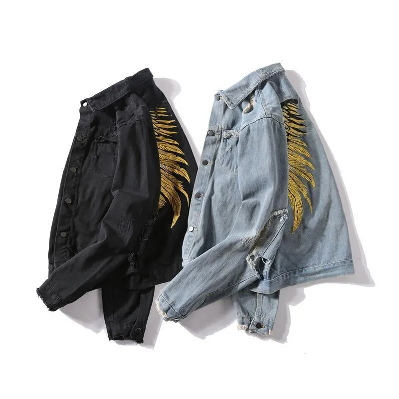 Hipster Männer Stickerei Denim Jacken Retro Streetwear Harajuku Ripped Slim fit Hip Hop