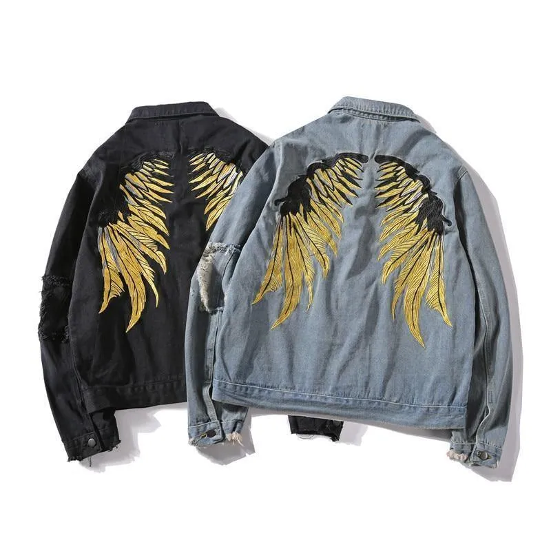 Hipster Männer Stickerei Denim Jacken Retro Streetwear Harajuku Ripped Slim fit Hip Hop