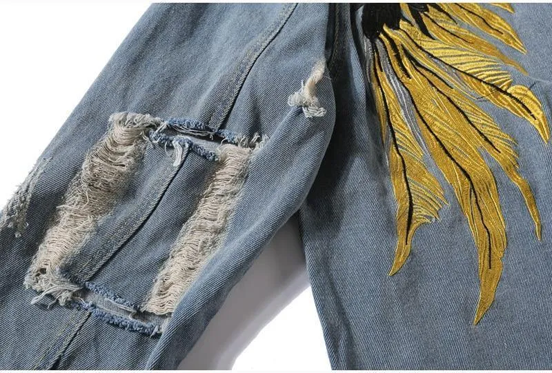 Hipster Männer Stickerei Denim Jacken Retro Streetwear Harajuku Ripped Slim fit Hip Hop