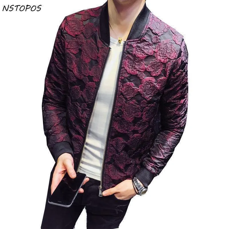 Jacquard Bomberjacken Herren Luxus Weinrot Schwarz Grau Partyjacke Outfit Club Bar Mantel Herren 4XL