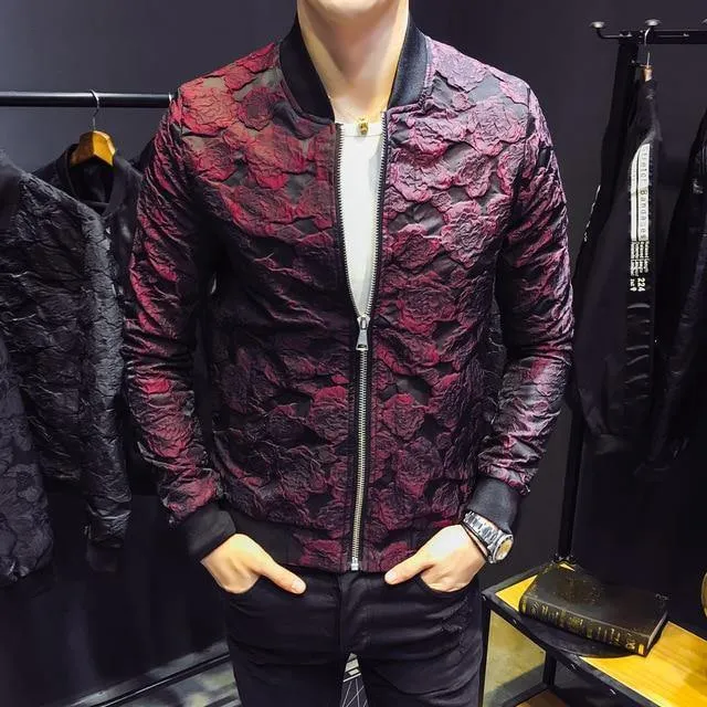 Jacquard Bomberjacken Herren Luxus Weinrot Schwarz Grau Partyjacke Outfit Club Bar Mantel Herren 4XL