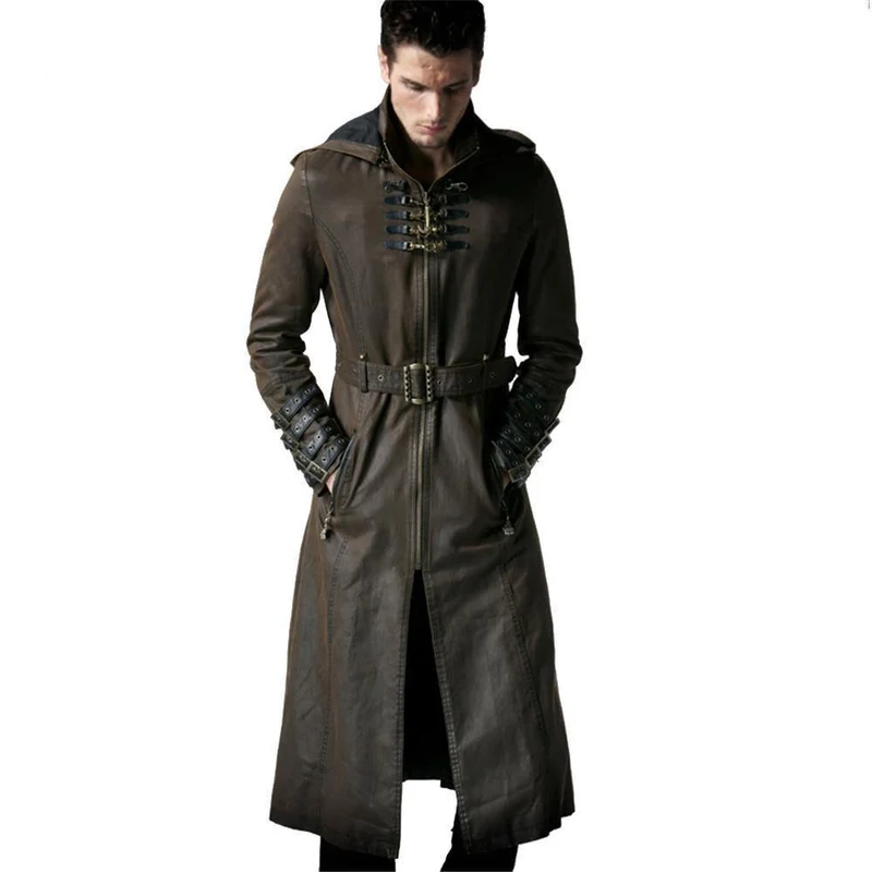 Gothic Fashion Herren Kaffee Dunkel Twill Langer Mantel Punk Hübsche Lederschlaufen Kapuze