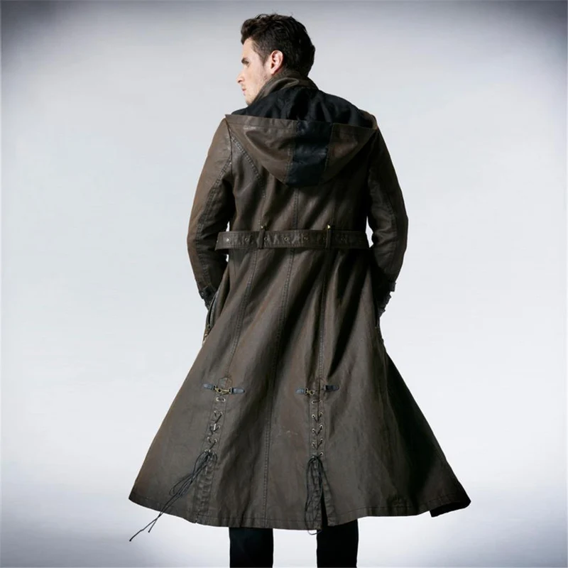 Gothic Fashion Herren Kaffee Dunkel Twill Langer Mantel Punk Hübsche Lederschlaufen Kapuze