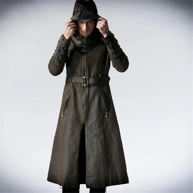Gothic Fashion Herren Kaffee Dunkel Twill Langer Mantel Punk Hübsche Lederschlaufen Kapuze