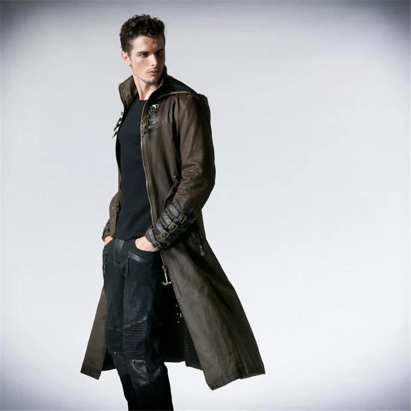 Gothic Fashion Herren Kaffee Dunkel Twill Langer Mantel Punk Hübsche Lederschlaufen Kapuze