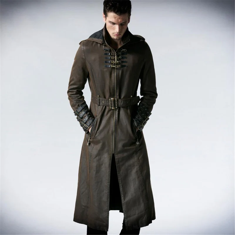 Gothic Fashion Herren Kaffee Dunkel Twill Langer Mantel Punk Hübsche Lederschlaufen Kapuze