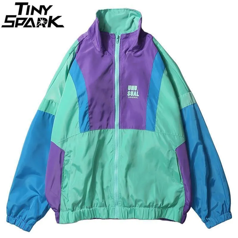 Windbreaker Jacket Oversized Herren Harajuku Color Block Jacke Mantel Retro Vintage Zip Track Jacke Streetwear