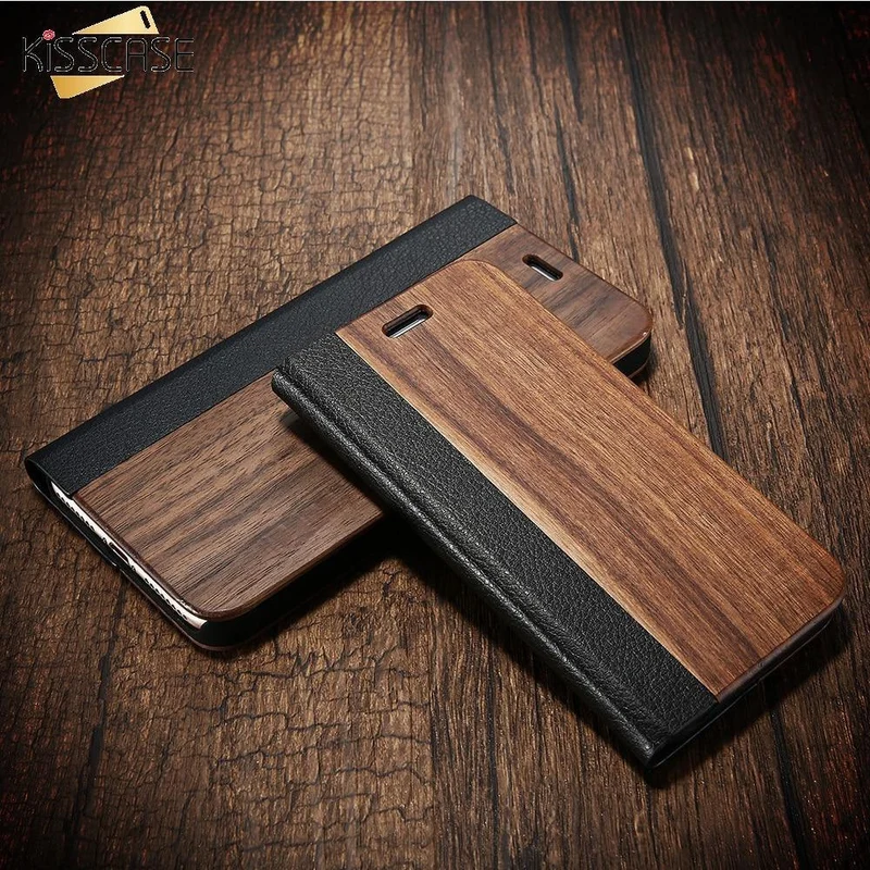 Holzhülle für iPhone 8 7 6S Plus Hüllen aus echtem Bambus Flip Leder Brieftasche Stand Coque für iPhone 6 6s XS Max X 10 Hülle