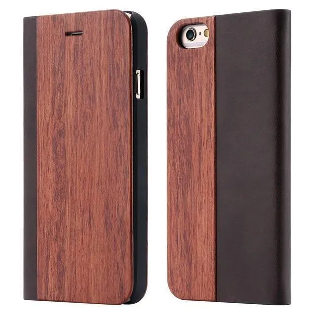 Holzhülle für iPhone 8 7 6S Plus Hüllen aus echtem Bambus Flip Leder Brieftasche Stand Coque für iPhone 6 6s XS Max X 10 Hülle