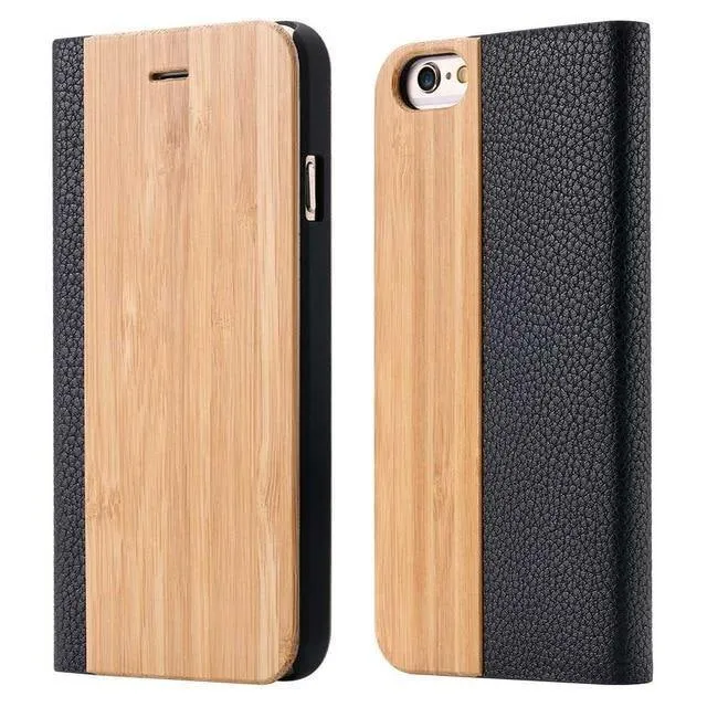 Holzhülle für iPhone 8 7 6S Plus Hüllen aus echtem Bambus Flip Leder Brieftasche Stand Coque für iPhone 6 6s XS Max X 10 Hülle