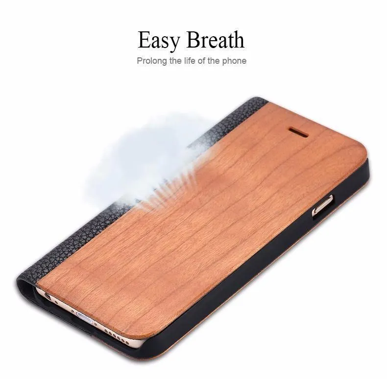 Holzhülle für iPhone 8 7 6S Plus Hüllen aus echtem Bambus Flip Leder Brieftasche Stand Coque für iPhone 6 6s XS Max X 10 Hülle