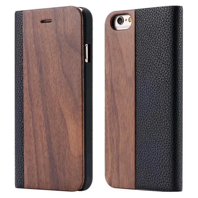 Holzhülle für iPhone 8 7 6S Plus Hüllen aus echtem Bambus Flip Leder Brieftasche Stand Coque für iPhone 6 6s XS Max X 10 Hülle