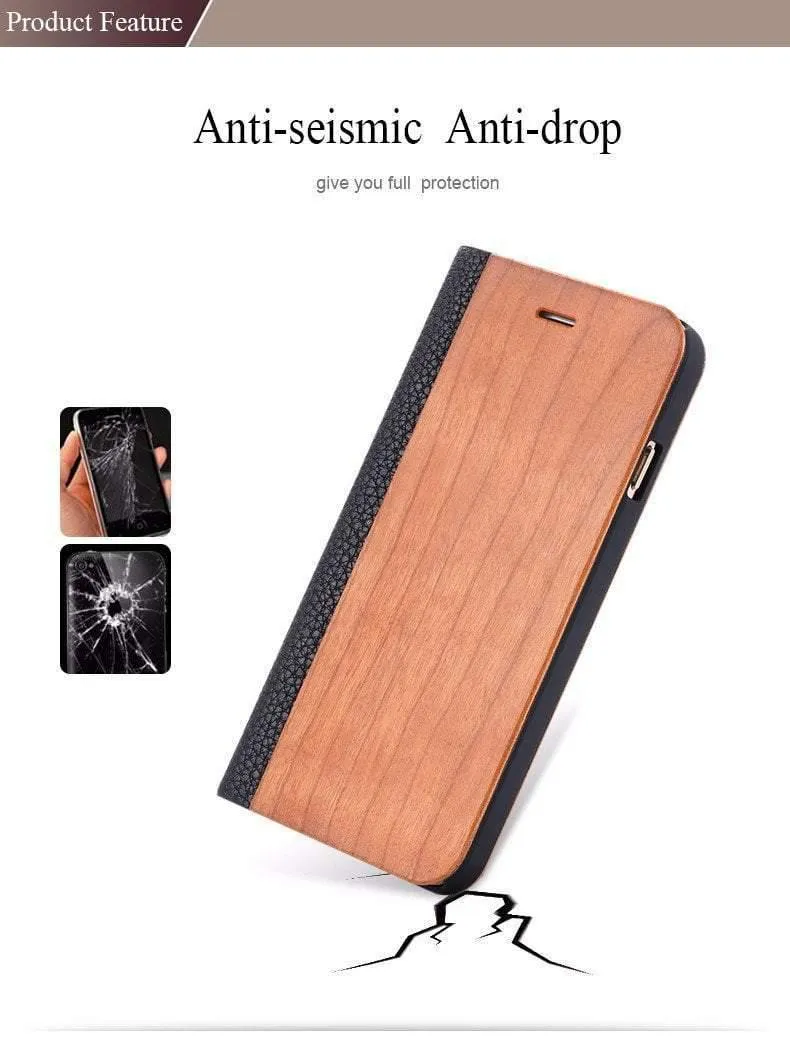 Holzhülle für iPhone 8 7 6S Plus Hüllen aus echtem Bambus Flip Leder Brieftasche Stand Coque für iPhone 6 6s XS Max X 10 Hülle