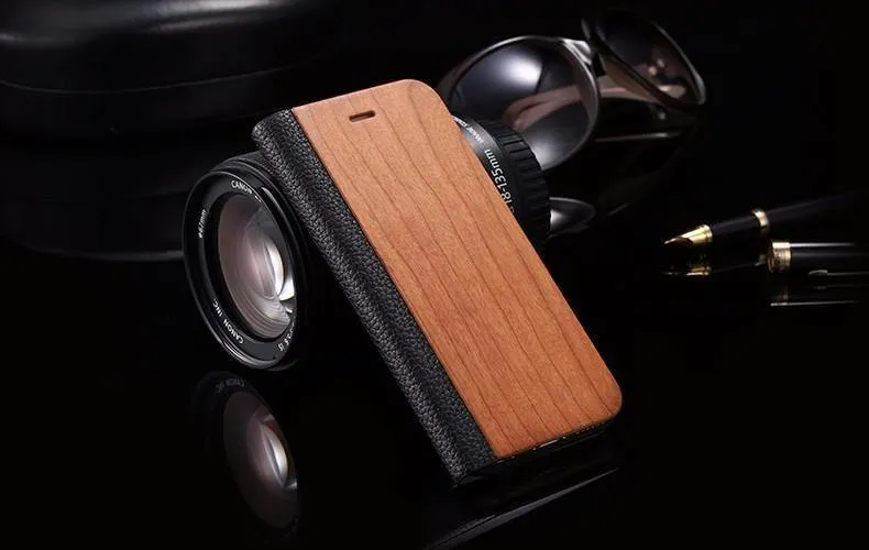 Holzhülle für iPhone 8 7 6S Plus Hüllen aus echtem Bambus Flip Leder Brieftasche Stand Coque für iPhone 6 6s XS Max X 10 Hülle