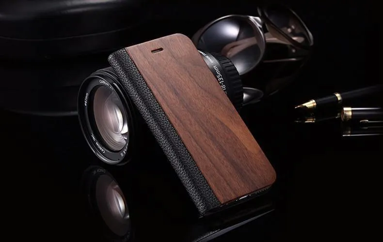 Holzhülle für iPhone 8 7 6S Plus Hüllen aus echtem Bambus Flip Leder Brieftasche Stand Coque für iPhone 6 6s XS Max X 10 Hülle