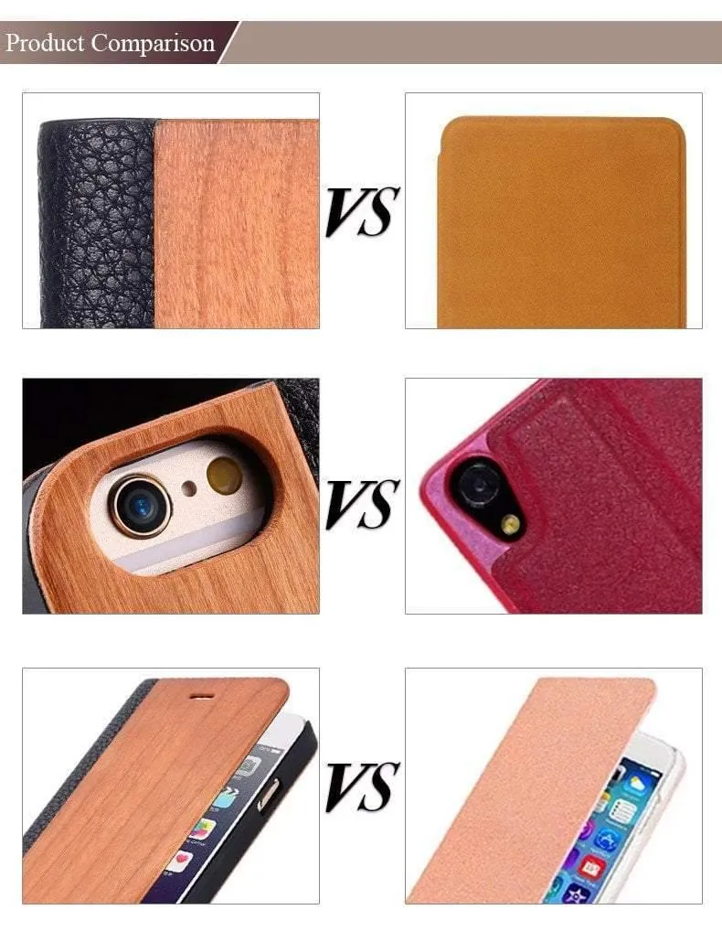Holzhülle für iPhone 8 7 6S Plus Hüllen aus echtem Bambus Flip Leder Brieftasche Stand Coque für iPhone 6 6s XS Max X 10 Hülle