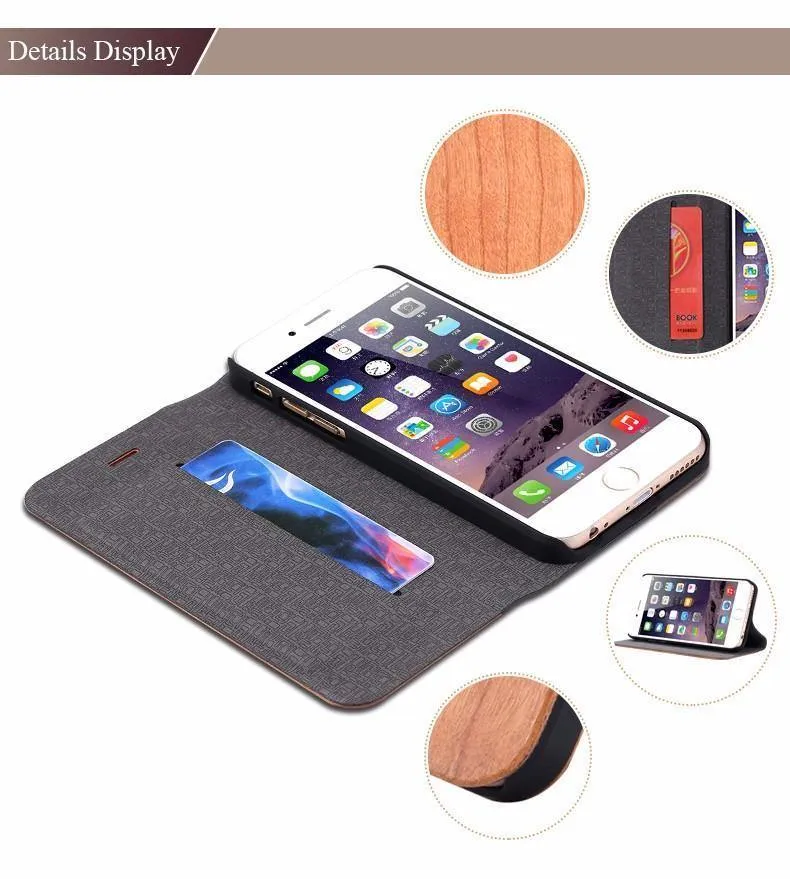 Holzhülle für iPhone 8 7 6S Plus Hüllen aus echtem Bambus Flip Leder Brieftasche Stand Coque für iPhone 6 6s XS Max X 10 Hülle