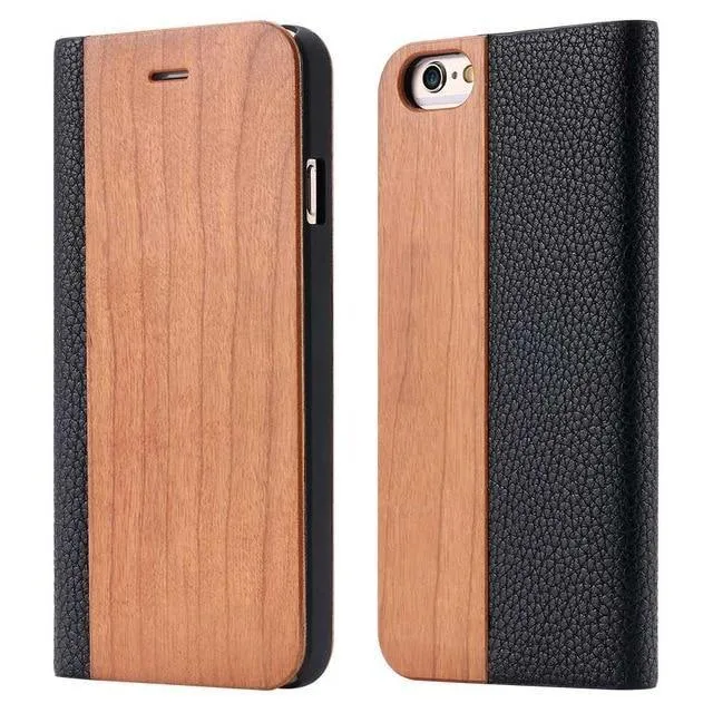 Holzhülle für iPhone 8 7 6S Plus Hüllen aus echtem Bambus Flip Leder Brieftasche Stand Coque für iPhone 6 6s XS Max X 10 Hülle