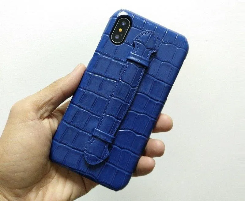 Leder Handschlaufe Halter Hülle für iPhone X XS Max Handy Luxus Krokodil Dünn Slim Hard Cover Solque
