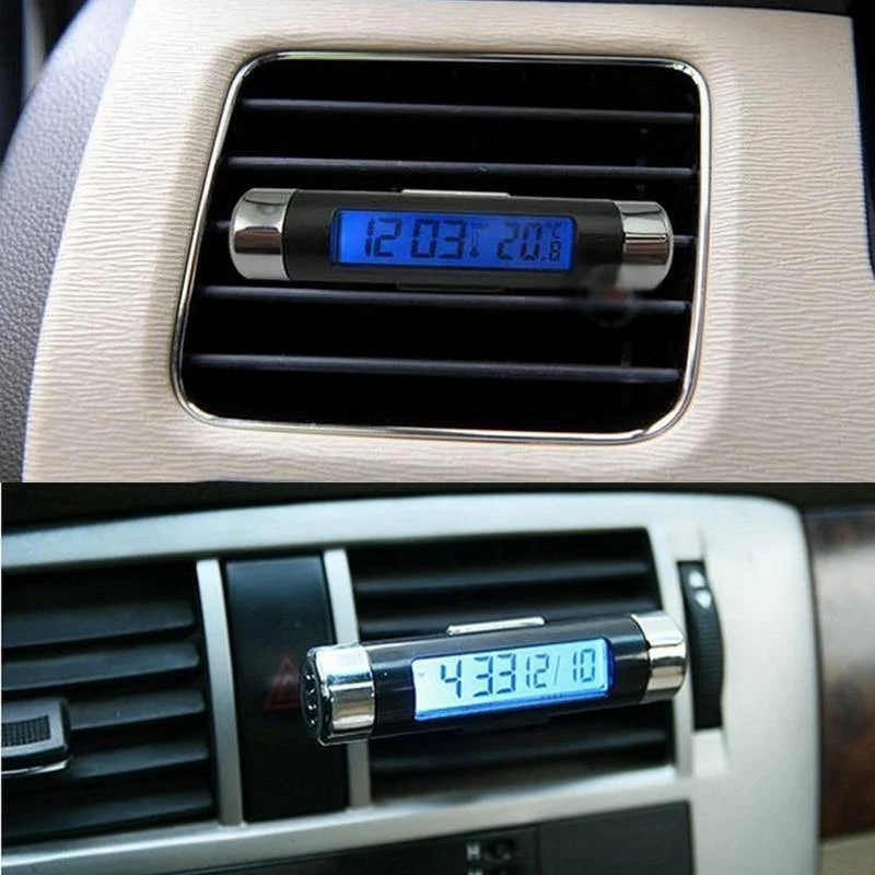 Universal Kunststoff Auto Innenraum Luftaustritt Thermometer Elektronische Uhr 2 in 1 LED Digitalanzeige Blaue Hintergrundbeleuchtung 8cm * 1.5cm
