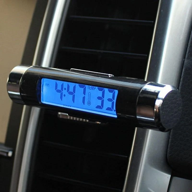 Universal Kunststoff Auto Innenraum Luftaustritt Thermometer Elektronische Uhr 2 in 1 LED Digitalanzeige Blaue Hintergrundbeleuchtung 8cm * 1.5cm