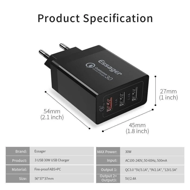 Quick Charge 3.0 USB-Ladegerät 30 W QC3.0 Schnelllade-USB-Wandladegerät für iPhone Samsung Xiaomi Handy-Ladegerät
