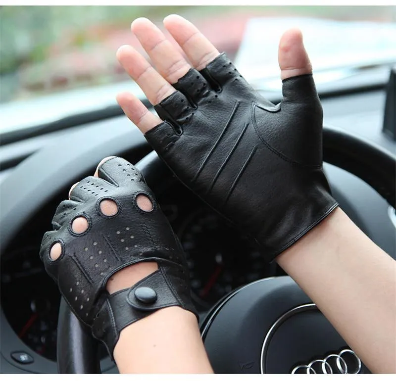 Hochwertige Halbfinger-Handschuhe aus echtem Leder für Herren Dünnschliff-Handschuhe aus fingerlosem Schaffell