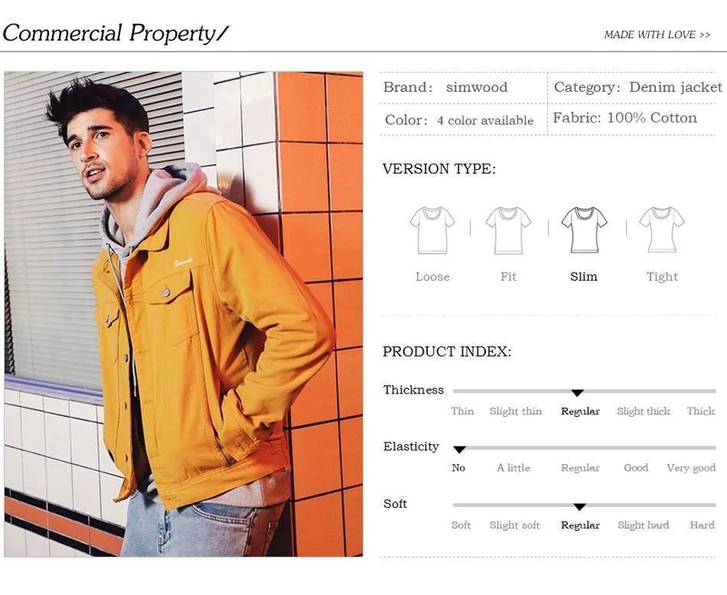 Jeansjacke Herrenmode 100% Baumwolle Trucker Jacken Slim Fit Stickerei Brusttasche 4 Farben