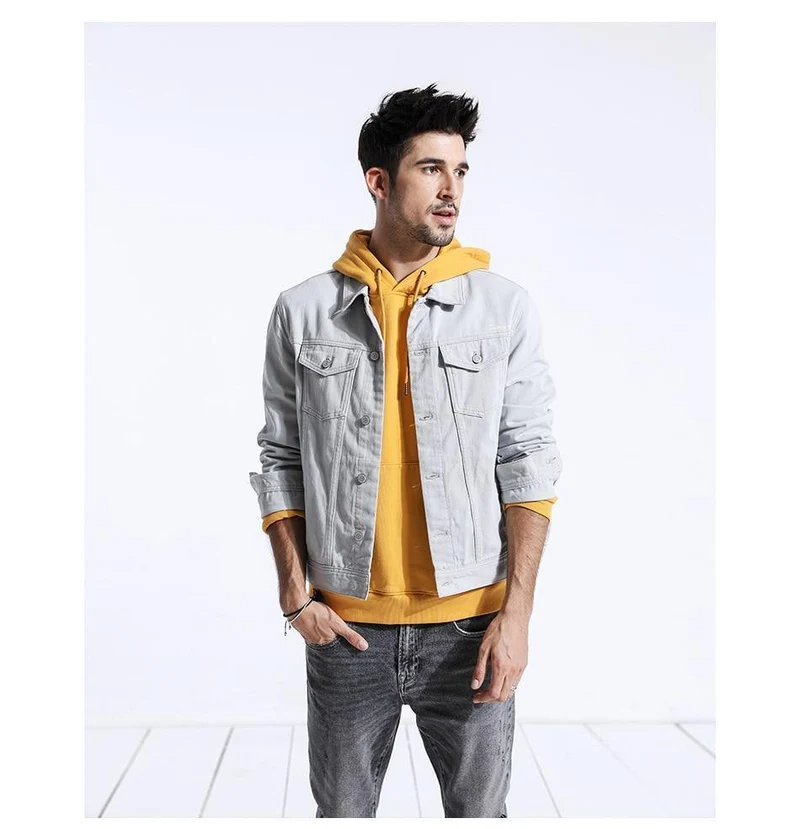 Jeansjacke Herrenmode 100% Baumwolle Trucker Jacken Slim Fit Stickerei Brusttasche 4 Farben