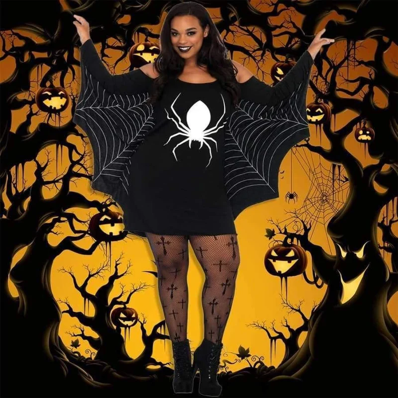 Halloween-Kostüm für Damen, XXXL, Übergröße, Spinne, Gurtband, Aufdruck, schulterfrei, Flügel, sexy, ausgefallenes Urlaubskleid, großes Erwachsenenkostüm