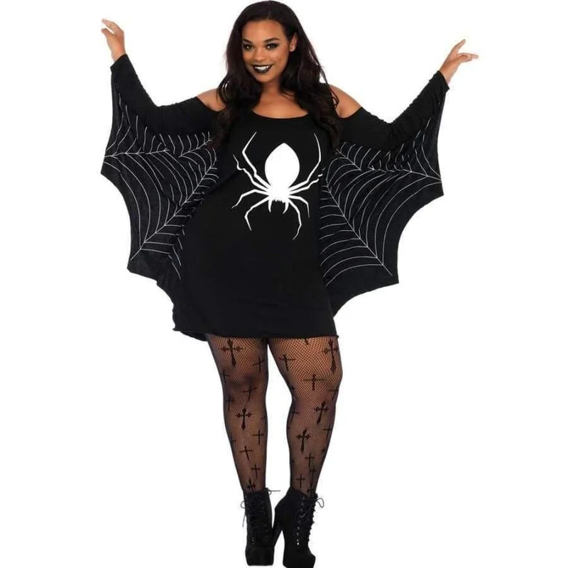 Halloween-Kostüm für Damen, XXXL, Übergröße, Spinne, Gurtband, Aufdruck, schulterfrei, Flügel, sexy, ausgefallenes Urlaubskleid, großes Erwachsenenkostüm
