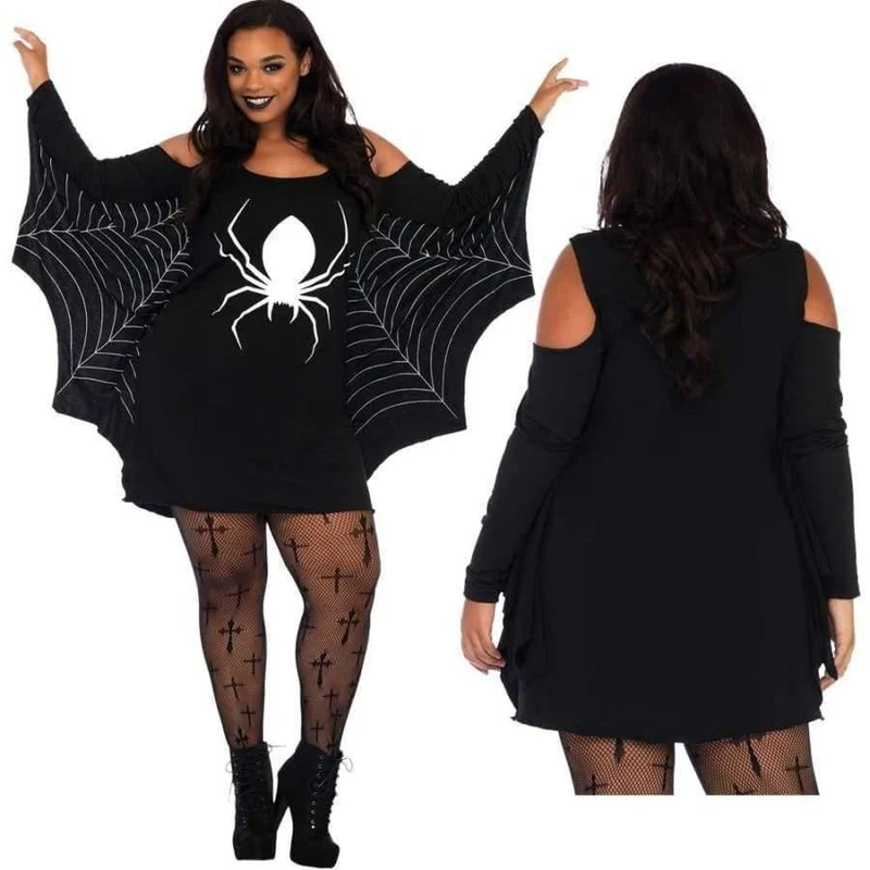 Halloween-Kostüm für Damen, XXXL, Übergröße, Spinne, Gurtband, Aufdruck, schulterfrei, Flügel, sexy, ausgefallenes Urlaubskleid, großes Erwachsenenkostüm