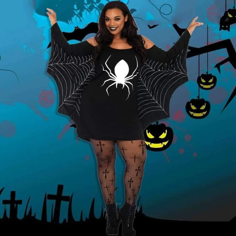 Halloween-Kostüm für Damen, XXXL, Übergröße, Spinne, Gurtband, Aufdruck, schulterfrei, Flügel, sexy, ausgefallenes Urlaubskleid, großes Erwachsenenkostüm