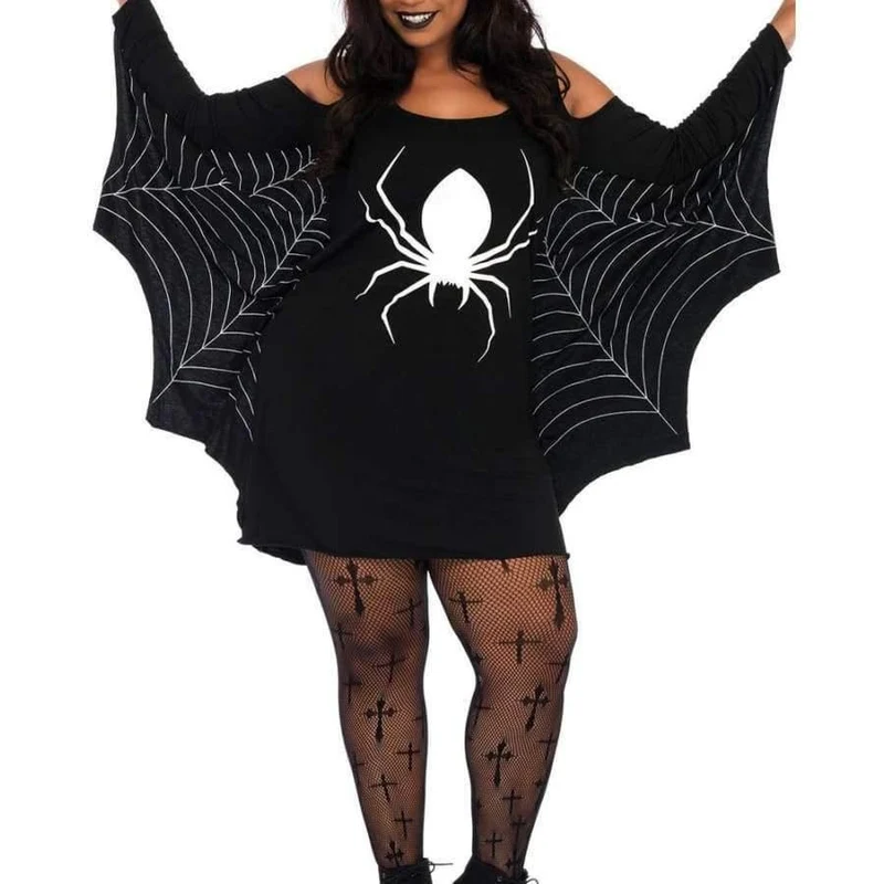 Halloween-Kostüm für Damen, XXXL, Übergröße, Spinne, Gurtband, Aufdruck, schulterfrei, Flügel, sexy, ausgefallenes Urlaubskleid, großes Erwachsenenkostüm