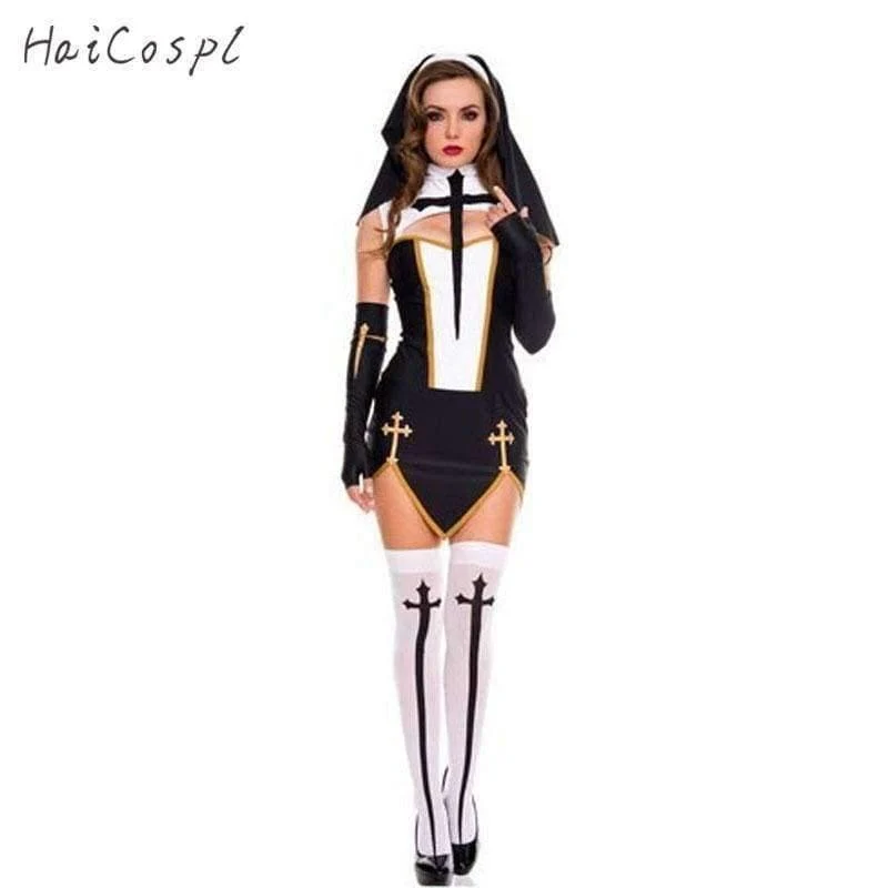 Sexy Nonne Kostüm Erwachsene Frauen Halloween Cosplay Phantasie Mädchen Schwester Party Mit Strümpfen Hoodie