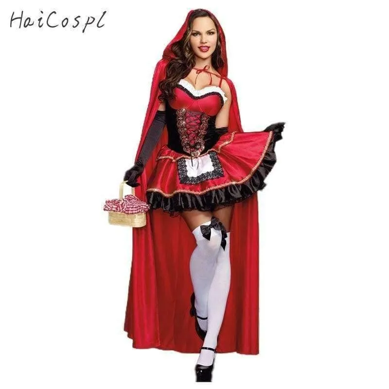 Rotkäppchen Kostüm für Frauen Phantasie Erwachsene Halloween Cosplay Fantasia Karneval Märchen Plus Größe Mädchen Kleid + Mantel