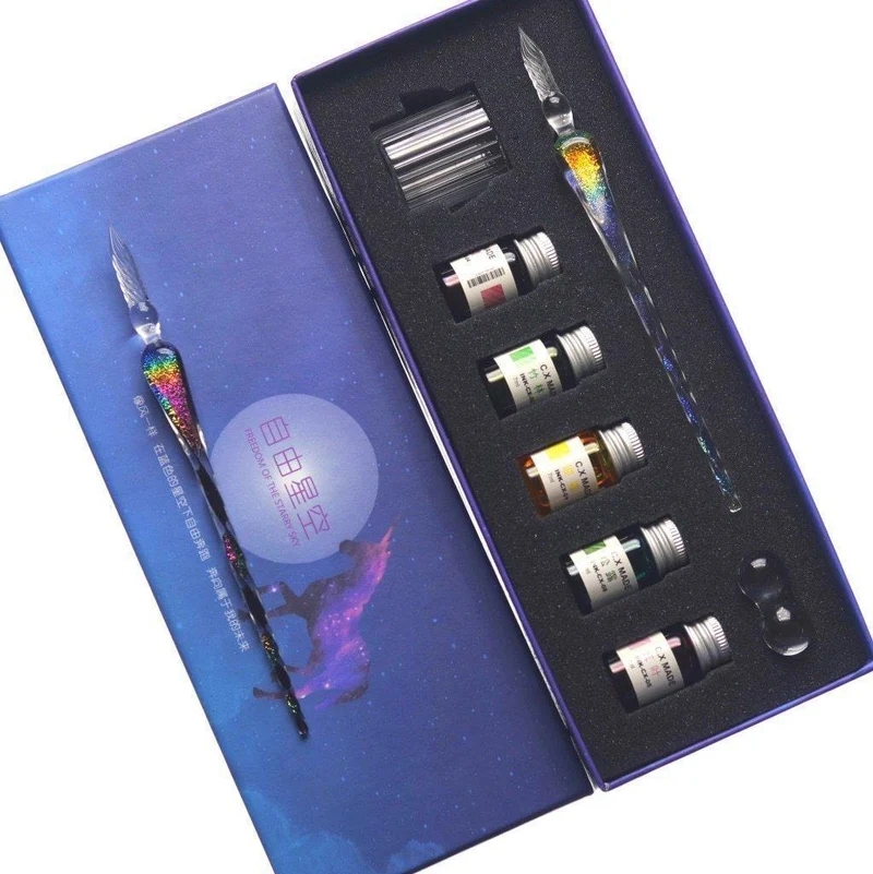 Rainbow Glass Pen Dip-Stift Geschenkset Sternenhimmel Farbtintenstift Kreative Schreibgeräte Pluma Estilografica
