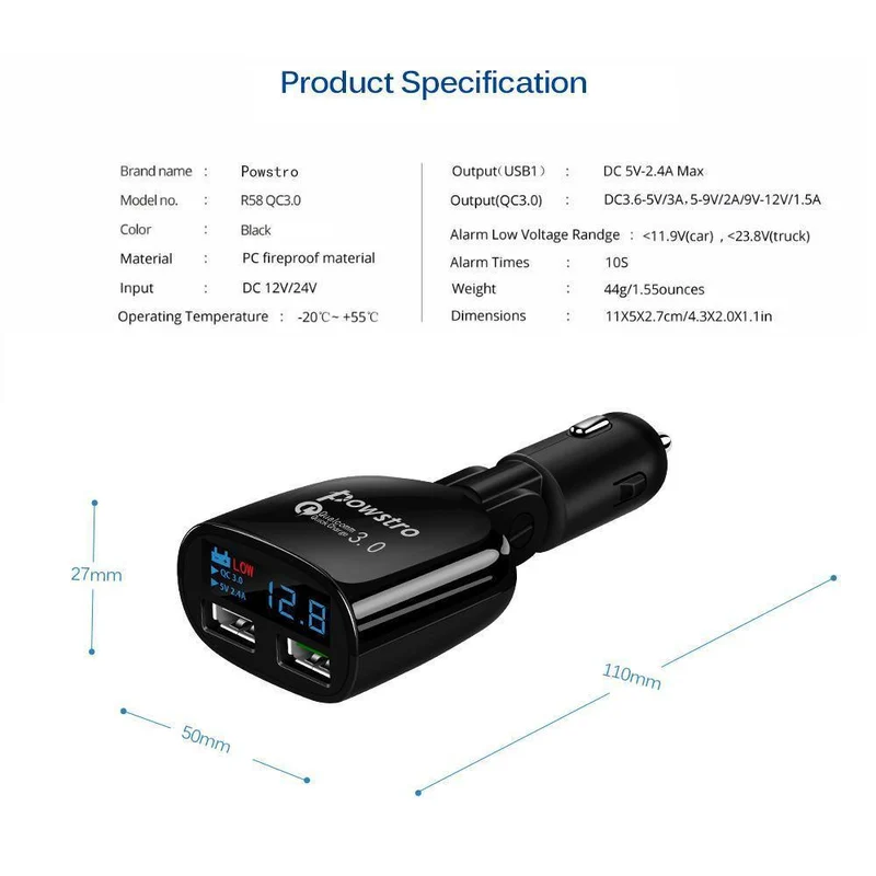 Quick Charge 3.0 Autoladegerät Dual USB Telefonladegerät Adapter QC3.0 + 5V 2.4A Digitalanzeige Niederspannungswarnung