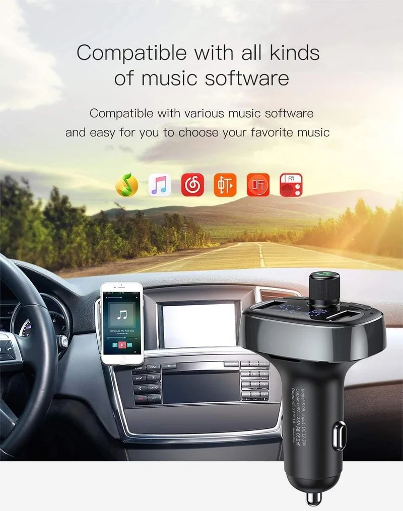 Auto-Ladegerät, FM-Transmitter, Aux-Modulator, Bluetooth-Freisprecheinrichtung, Auto-Audio-MP3-Player, 3.4 A, schnelles Dual-USB-Handy-Ladegerät