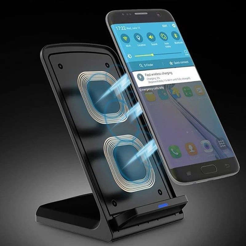 10 W tragbares, vertikales Doppelspulen-Wireless-Ladegerät mit LED-Anzeige, Schnellladegerät für Qi-Standard-Smart-Mobiltelefon-Ladegerät
