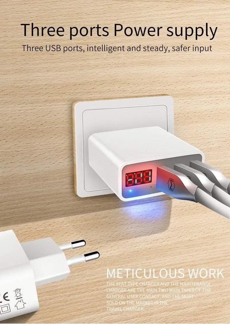 15W LED-Anzeige 3 USB-Handy-Ladegerät für iPhone Samsung Tragbarer Universal-Schnellladeadapter für USB-Steckdosen EU