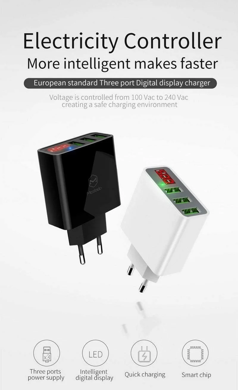 15W LED-Anzeige 3 USB-Handy-Ladegerät für iPhone Samsung Tragbarer Universal-Schnellladeadapter für USB-Steckdosen EU