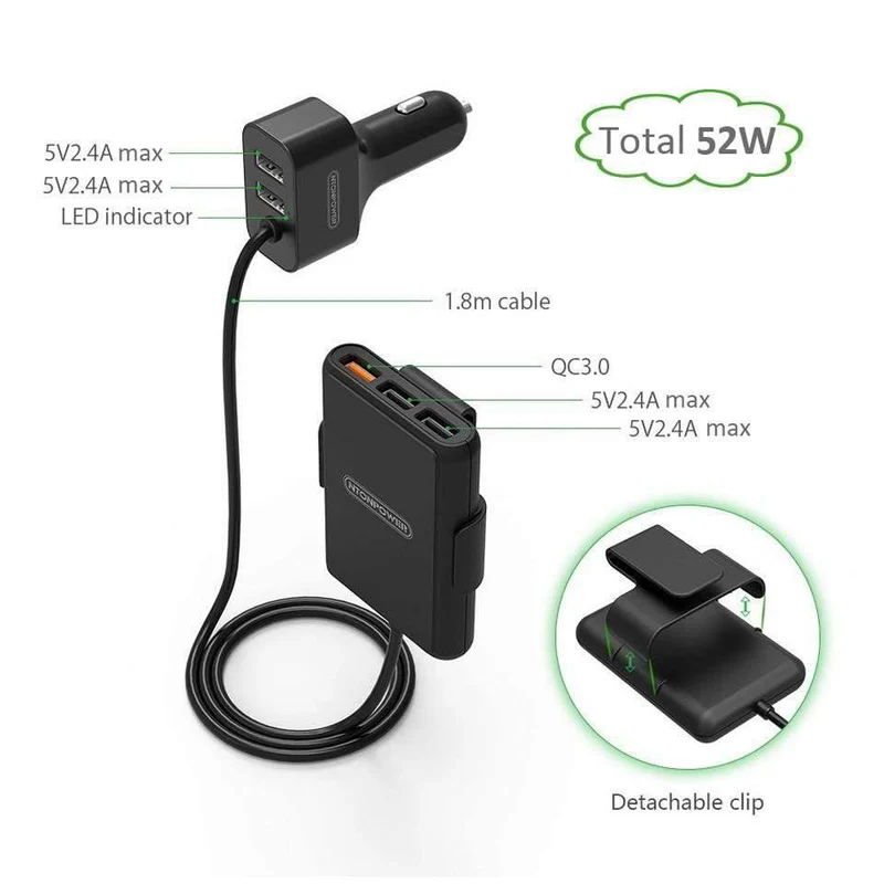 5-Anschlüsse USB QC 3.0-Autoladegerät mit 1.8m-Verlängerungskabel mit abnehmbarem Clip für Tablet-GPS-Autoladegerät