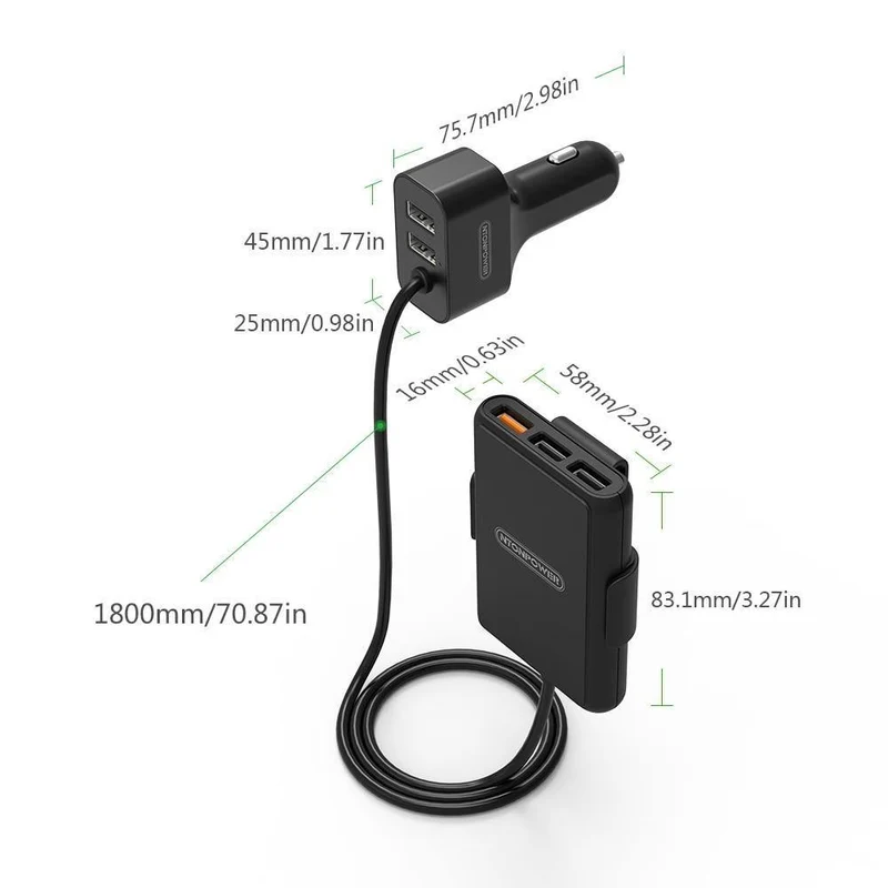 5-Anschlüsse USB QC 3.0-Autoladegerät mit 1.8m-Verlängerungskabel mit abnehmbarem Clip für Tablet-GPS-Autoladegerät