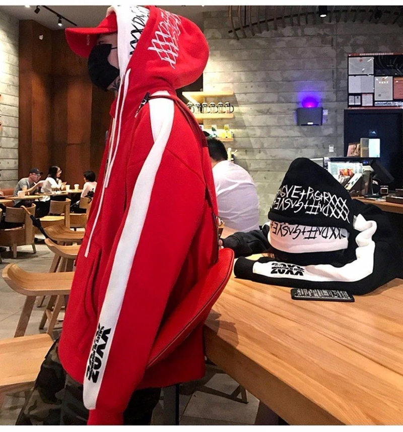 BF Oversize Hoodie Streetwear Hip Hop Rot Schwarz Double Herren Hoodies