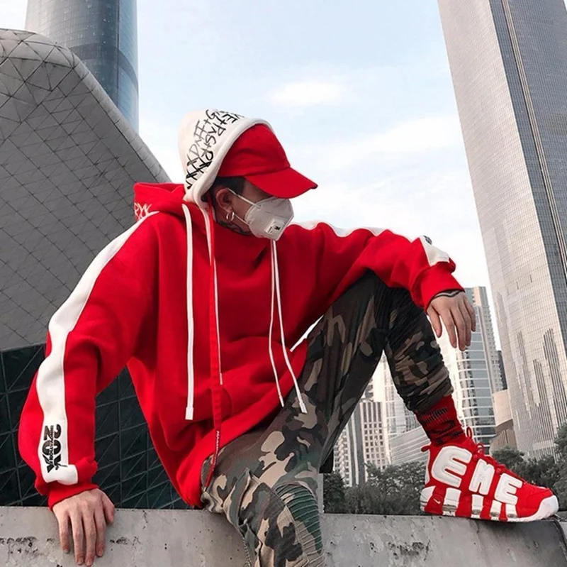 BF Oversize Hoodie Streetwear Hip Hop Rot Schwarz Double Herren Hoodies