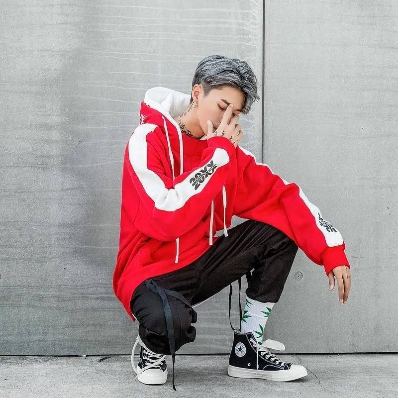 BF Oversize Hoodie Streetwear Hip Hop Rot Schwarz Double Herren Hoodies