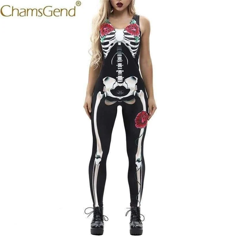 Frauen Rose Print Skeleton Horror Kostüm ärmellose dünne Overalls weibliche Cosplay Bodys 80814